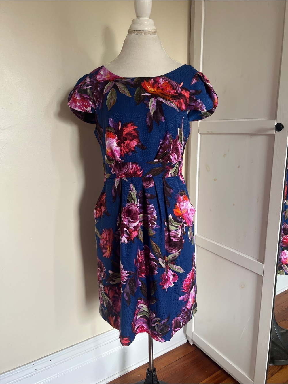 Moulinette Soeurs Anthropologie Royal Blue Floral Jacquard Dress Pockets Size 12